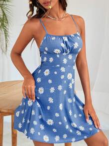 Soleia Daisy Print Ruched Bust Cami Dress - Blue - View 6