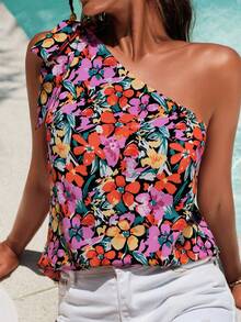 SHEIN VCAY Allover Floral Print One Shoulder Blouse - Multicolor - View 6