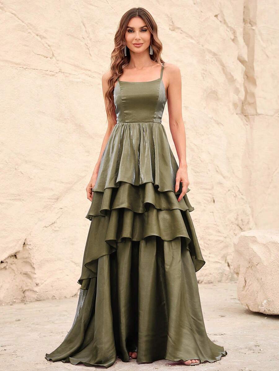 Layer Hem Chiffon Party Dress - Army Green - View 1