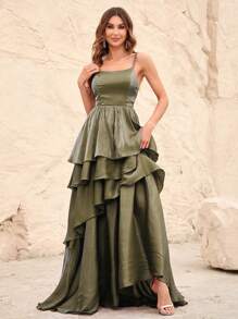 Layer Hem Chiffon Party Dress - Army Green - View 3