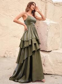 Layer Hem Chiffon Party Dress - Army Green - View 4