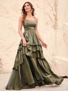 Layer Hem Chiffon Party Dress - Army Green - View 6