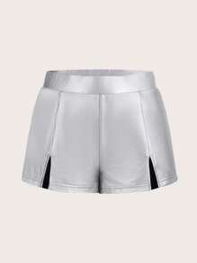 SHEIN ICON Split Hem PU Leather Shorts - Silver - View 1