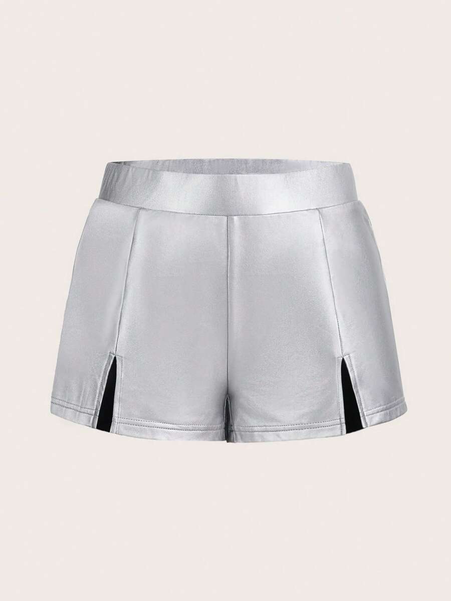 SHEIN ICON Split Hem PU Leather Shorts - Silver - View 1