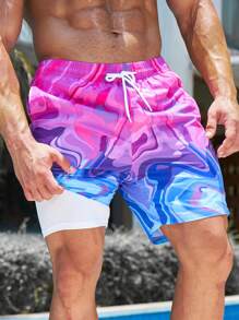 Manfinity Swimmode Men Allover Print Drawstring Waist Swim Trunks,Hawaiian - Multicolor - View 5