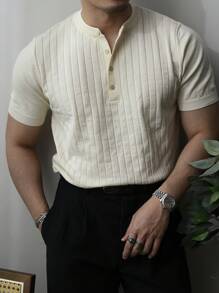 Men Half Button Ribbed Knit Top - Beige - View 1