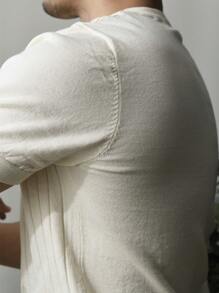 Men Half Button Ribbed Knit Top - Beige - View 2