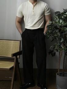 Men Half Button Ribbed Knit Top - Beige - View 3