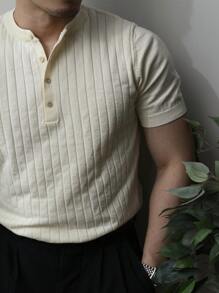 Men Half Button Ribbed Knit Top - Beige - View 4