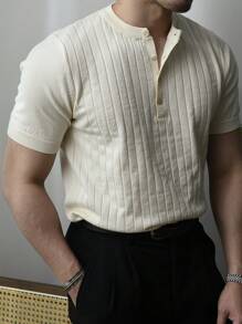 Men Half Button Ribbed Knit Top - Beige - View 5