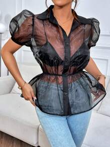 SHEIN Privé Áo sơ mi nữ cắt Nút phía trước màu trơn Gợi cảm - màu đen - Xem 5