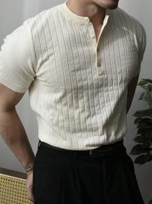 Men Half Button Ribbed Knit Top - Beige - View 6