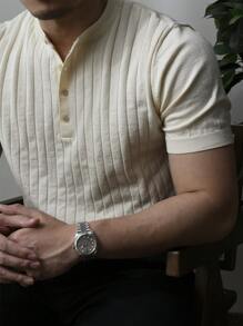 Men Half Button Ribbed Knit Top - Beige - View 7