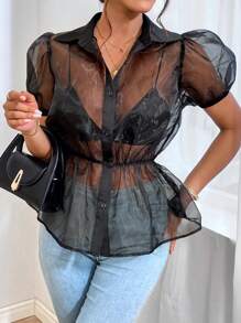 SHEIN Privé Áo sơ mi nữ cắt Nút phía trước màu trơn Gợi cảm - màu đen - Xem 1