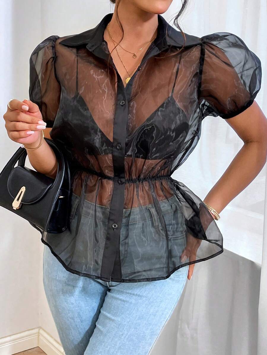 SHEIN Privé Áo sơ mi nữ cắt Nút phía trước màu trơn Gợi cảm - màu đen - Xem 1