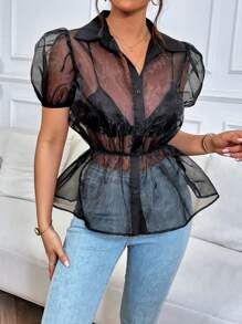 SHEIN Privé Áo sơ mi nữ cắt Nút phía trước màu trơn Gợi cảm - màu đen - Xem 3