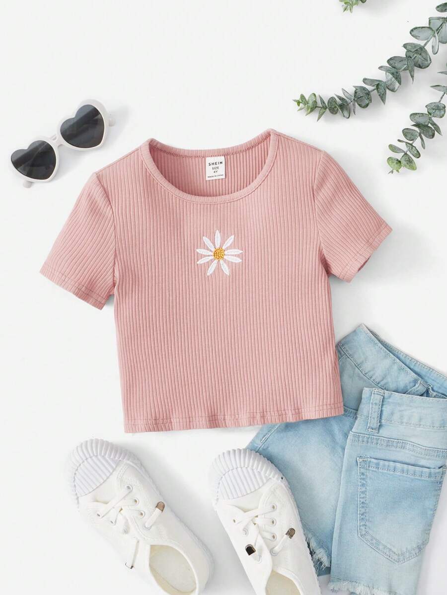 SHEIN Áo thun tay ngắn thêu màu trơn cho bé gái - Màu Hồng baby - Xem 1