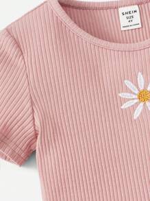 SHEIN Áo thun tay ngắn thêu màu trơn cho bé gái - Màu Hồng baby - Xem 3