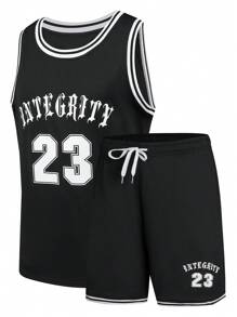 Manfinity Sport Corelite Männer Brief Grafik Kontrastbesatz Zugband Taillensport-set, Sportanzug, Trainingsanzug