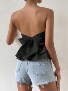 Chiquease Áo nữ Lộ Lưng Viên lá sen Buộc lại màu trơn Gợi cảm - màu đen - Xem 1