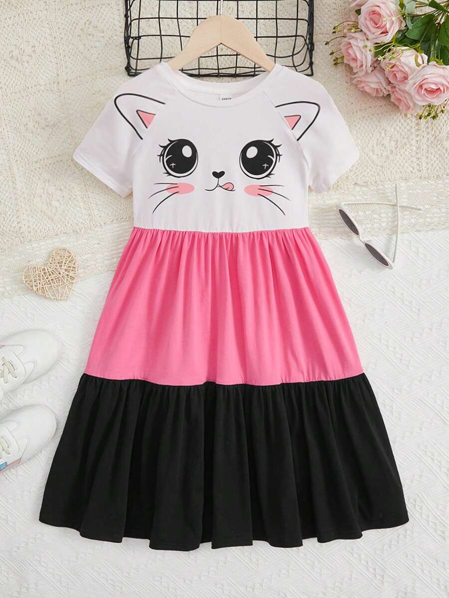 SHEIN 女孩卡通圖案撞色荷葉邊娃娃裙 - 彩色 - 查看 1