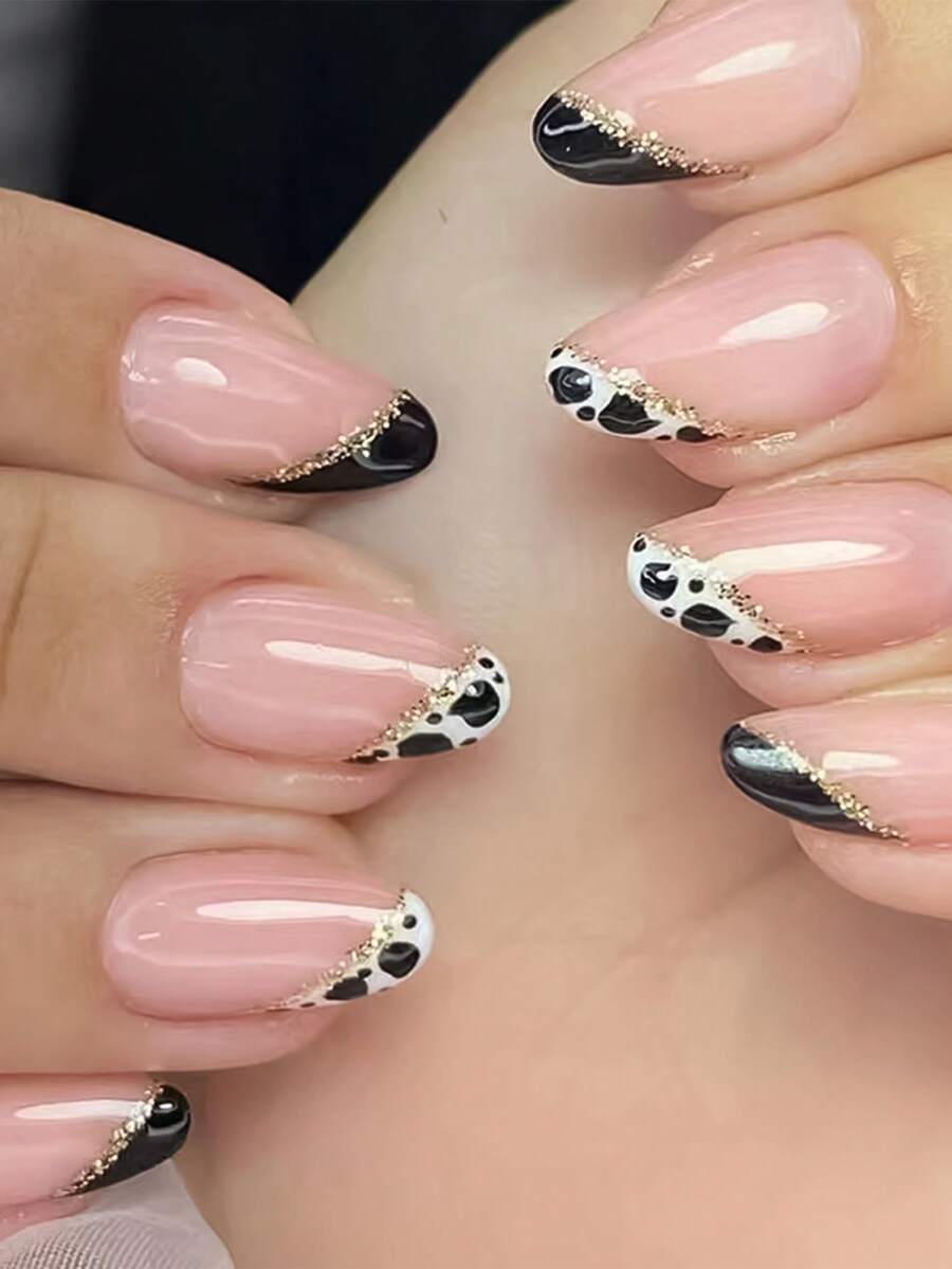 用24入組短杏仁牛圖案全覆蓋假指甲套裝升級您造型 - 彩色 - 查看 1