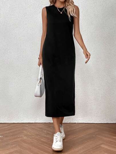 Chiquease Solid Tank Dress,Ladies Casual Split Sleeveless Round Neck Slim Fit Long Black Cotton Plain Tank Women Long Dresses,Spring/Summer,Casual Daily Wear Maxi Women Outfit