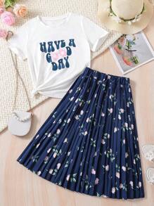 Tween Girl Slogan Graphic Tee & Floral Print Pleated Skirt - Blue and White - View 4