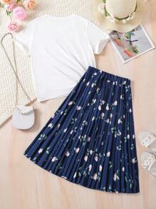 Tween Girl Slogan Graphic Tee & Floral Print Pleated Skirt - Blue and White - View 2