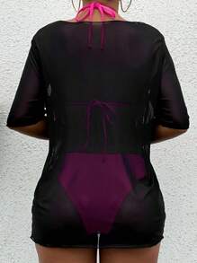 Tropical Print Halter Triangle Bikini Set With Cover Up