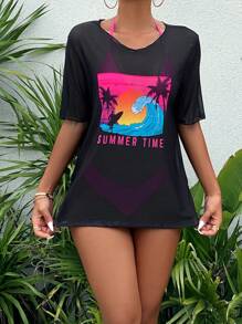 Tropical Print Halter Triangle Bikini Set With Cover Up