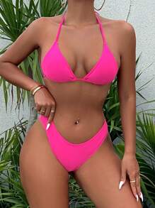 Tropical Print Halter Triangle Bikini Set With Cover Up