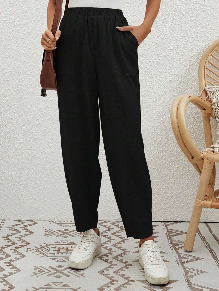 SHEIN LUNE Quần nữ Túi màu trơn Giải trí - màu đen - Xem 1