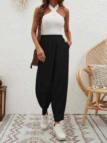 SHEIN LUNE Quần nữ Túi màu trơn Giải trí - màu đen - Xem 3