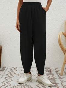 SHEIN LUNE Quần nữ Túi màu trơn Giải trí - màu đen - Xem 5