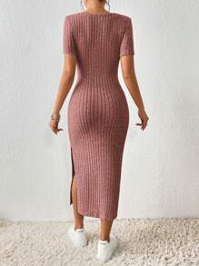 SHEIN Frenchy Đầm mùa hè vải họa tiết cổ vuông xẻ cao ôm vừa vặn cho nữ - Hồng - Xem 2