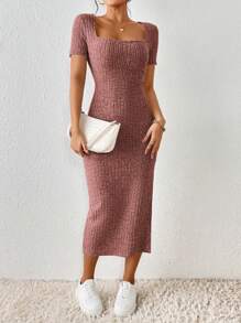 SHEIN Frenchy Đầm mùa hè vải họa tiết cổ vuông xẻ cao ôm vừa vặn cho nữ - Hồng - Xem 4