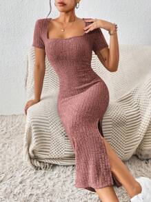 SHEIN Frenchy Đầm mùa hè vải họa tiết cổ vuông xẻ cao ôm vừa vặn cho nữ - Hồng - Xem 5