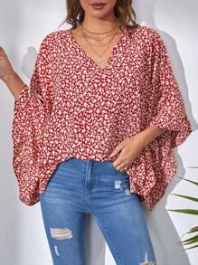 SHEIN Tall Ditsy Floral Print Batwing Sleeve Blouse - Red and White - View 1