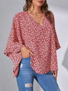 SHEIN Tall Ditsy Floral Print Batwing Sleeve Blouse - Red and White - View 3