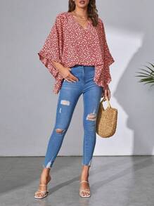SHEIN Tall Ditsy Floral Print Batwing Sleeve Blouse - Red and White - View 5