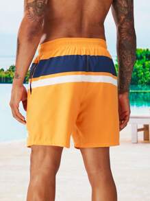 Surfspeed Men Colorblock Drawstring Waist Patched Detail Swim Trunks - Orange - View 2