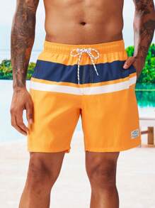 Surfspeed Men Colorblock Drawstring Waist Patched Detail Swim Trunks - Orange - View 3