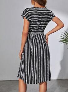 SHEIN Tall Striped Print Batwing Sleeve Belted Dress - Black and White - View 2