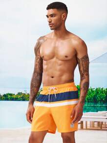Surfspeed Men Colorblock Drawstring Waist Patched Detail Swim Trunks - Orange - View 4