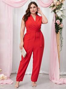 Double Crazy 大碼西裝領腰帶連身褲 - 紅色 - 查看 1