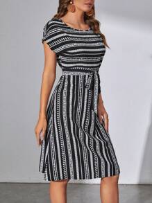 SHEIN Tall Striped Print Batwing Sleeve Belted Dress - Black and White - View 5