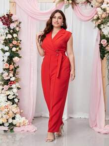 Double Crazy 大碼西裝領腰帶連身褲 - 紅色 - 查看 4