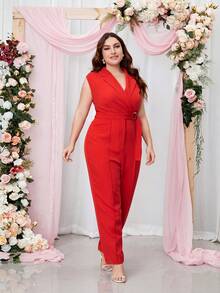 Double Crazy 大碼西裝領腰帶連身褲 - 紅色 - 查看 6