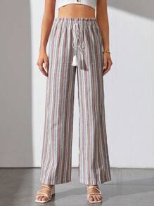 SHEIN Tall Striped Print Tassel Tie Waist Wide Leg Pants - Multicolor - View 1